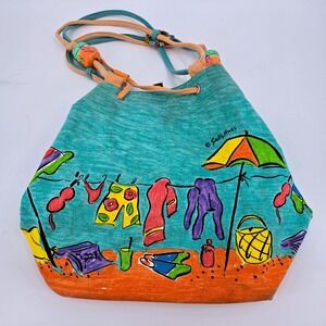 Sally Huss Sun N Sand Canvas Tote Retro Laundry Print Wooden Bead Bag GUC